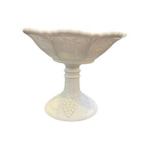 Vintage White Milk Glass Pedestal Compote Bowl With Grape & Floral Embossed Desi